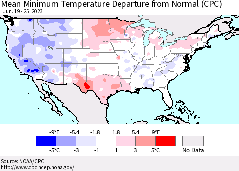 United States Mean Minimum Temperature Departure from Normal (CPC) Thematic Map For 6/19/2023 - 6/25/2023