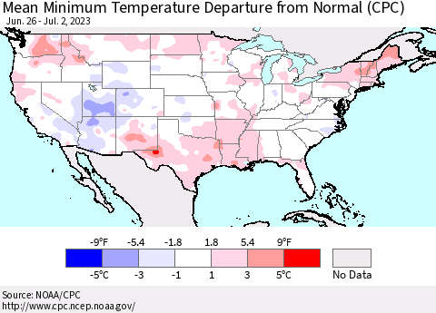 United States Mean Minimum Temperature Departure from Normal (CPC) Thematic Map For 6/26/2023 - 7/2/2023