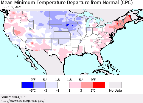 United States Mean Minimum Temperature Departure from Normal (CPC) Thematic Map For 7/3/2023 - 7/9/2023