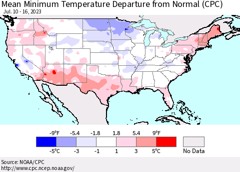 United States Mean Minimum Temperature Departure from Normal (CPC) Thematic Map For 7/10/2023 - 7/16/2023