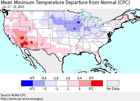 United States Mean Minimum Temperature Departure from Normal (CPC) Thematic Map For 7/17/2023 - 7/23/2023