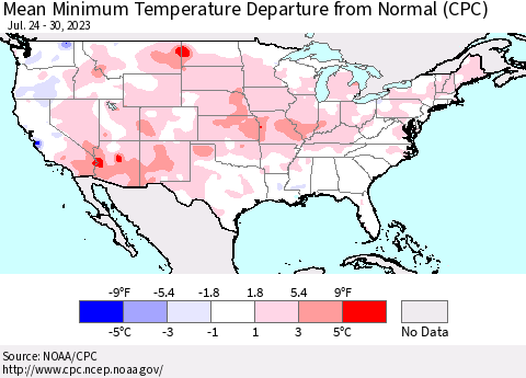 United States Mean Minimum Temperature Departure from Normal (CPC) Thematic Map For 7/24/2023 - 7/30/2023