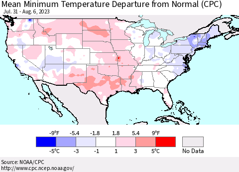 United States Mean Minimum Temperature Departure from Normal (CPC) Thematic Map For 7/31/2023 - 8/6/2023