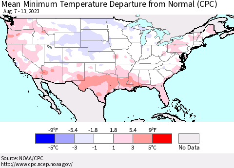 United States Mean Minimum Temperature Departure from Normal (CPC) Thematic Map For 8/7/2023 - 8/13/2023