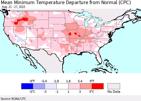 United States Mean Minimum Temperature Departure from Normal (CPC) Thematic Map For 8/21/2023 - 8/27/2023