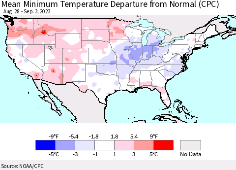 United States Mean Minimum Temperature Departure from Normal (CPC) Thematic Map For 8/28/2023 - 9/3/2023
