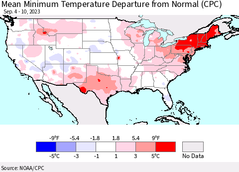 United States Mean Minimum Temperature Departure from Normal (CPC) Thematic Map For 9/4/2023 - 9/10/2023