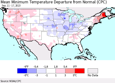 United States Mean Minimum Temperature Departure from Normal (CPC) Thematic Map For 9/11/2023 - 9/17/2023