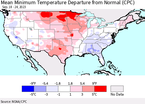 United States Mean Minimum Temperature Departure from Normal (CPC) Thematic Map For 9/18/2023 - 9/24/2023