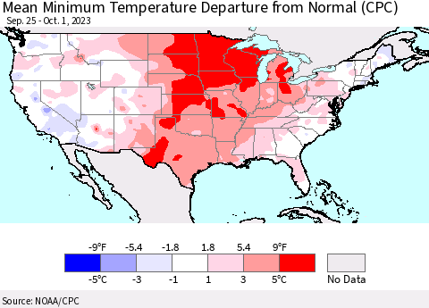 United States Mean Minimum Temperature Departure from Normal (CPC) Thematic Map For 9/25/2023 - 10/1/2023