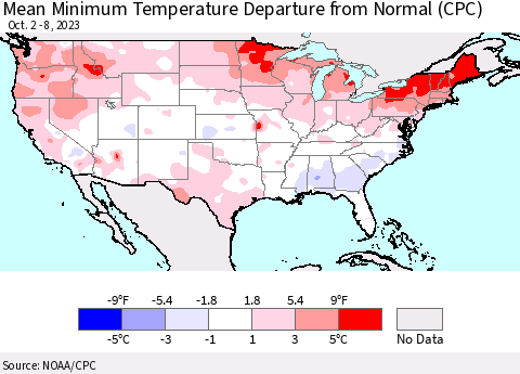 United States Mean Minimum Temperature Departure from Normal (CPC) Thematic Map For 10/2/2023 - 10/8/2023
