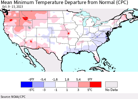 United States Mean Minimum Temperature Departure from Normal (CPC) Thematic Map For 10/9/2023 - 10/15/2023