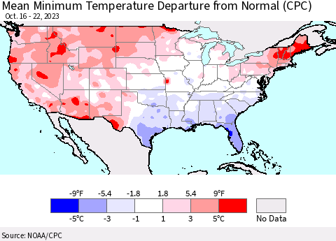 United States Mean Minimum Temperature Departure from Normal (CPC) Thematic Map For 10/16/2023 - 10/22/2023