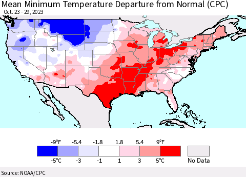 United States Mean Minimum Temperature Departure from Normal (CPC) Thematic Map For 10/23/2023 - 10/29/2023