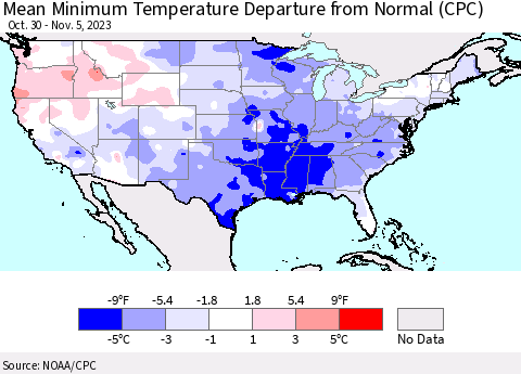 United States Mean Minimum Temperature Departure from Normal (CPC) Thematic Map For 10/30/2023 - 11/5/2023