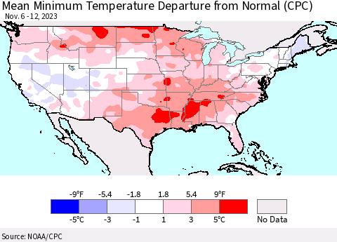 United States Mean Minimum Temperature Departure from Normal (CPC) Thematic Map For 11/6/2023 - 11/12/2023