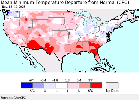 United States Mean Minimum Temperature Departure from Normal (CPC) Thematic Map For 11/13/2023 - 11/19/2023
