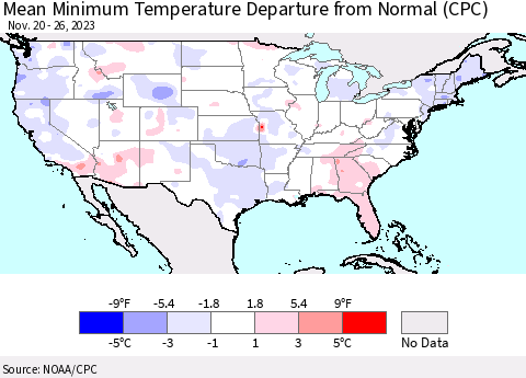 United States Mean Minimum Temperature Departure from Normal (CPC) Thematic Map For 11/20/2023 - 11/26/2023