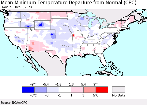 United States Mean Minimum Temperature Departure from Normal (CPC) Thematic Map For 11/27/2023 - 12/3/2023