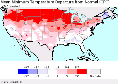 United States Mean Minimum Temperature Departure from Normal (CPC) Thematic Map For 12/4/2023 - 12/10/2023