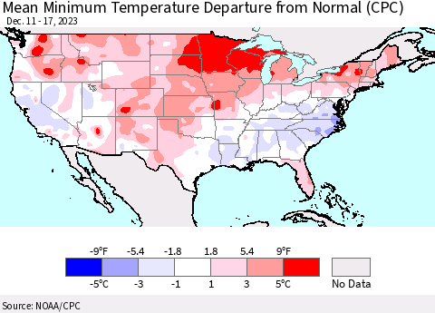United States Mean Minimum Temperature Departure from Normal (CPC) Thematic Map For 12/11/2023 - 12/17/2023