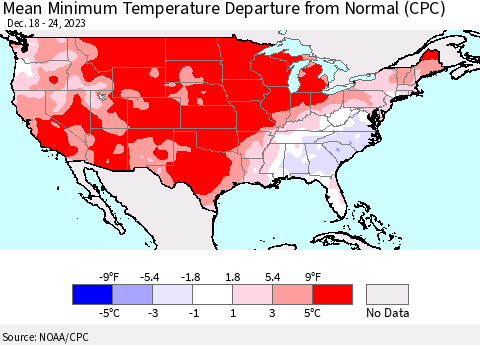 United States Mean Minimum Temperature Departure from Normal (CPC) Thematic Map For 12/18/2023 - 12/24/2023