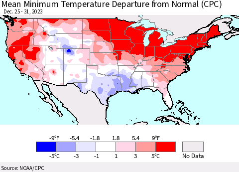 United States Mean Minimum Temperature Departure from Normal (CPC) Thematic Map For 12/25/2023 - 12/31/2023