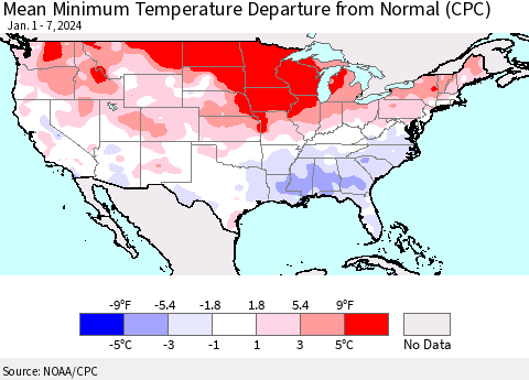 United States Mean Minimum Temperature Departure from Normal (CPC) Thematic Map For 1/1/2024 - 1/7/2024