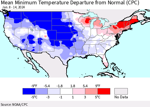 United States Mean Minimum Temperature Departure from Normal (CPC) Thematic Map For 1/8/2024 - 1/14/2024