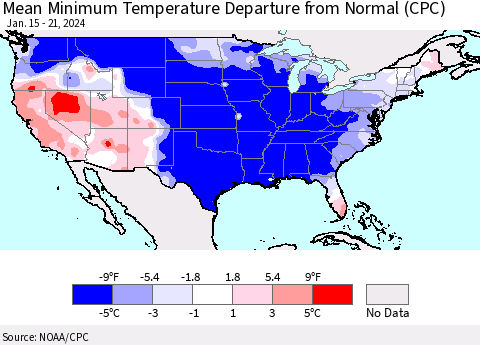 United States Mean Minimum Temperature Departure from Normal (CPC) Thematic Map For 1/15/2024 - 1/21/2024