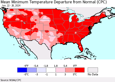 United States Mean Minimum Temperature Departure from Normal (CPC) Thematic Map For 1/22/2024 - 1/28/2024