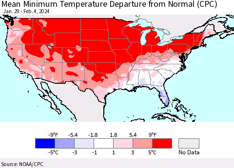 United States Mean Minimum Temperature Departure from Normal (CPC) Thematic Map For 1/29/2024 - 2/4/2024