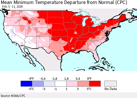United States Mean Minimum Temperature Departure from Normal (CPC) Thematic Map For 2/5/2024 - 2/11/2024