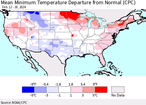 United States Mean Minimum Temperature Departure from Normal (CPC) Thematic Map For 2/12/2024 - 2/18/2024