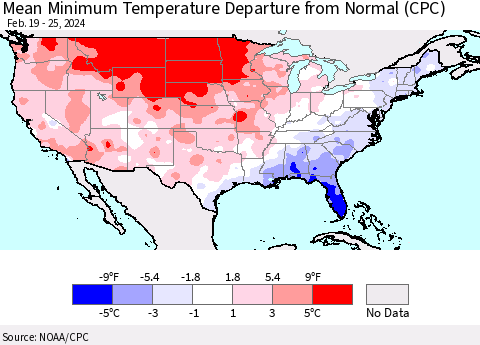 United States Mean Minimum Temperature Departure from Normal (CPC) Thematic Map For 2/19/2024 - 2/25/2024