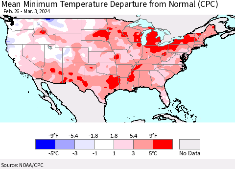 United States Mean Minimum Temperature Departure from Normal (CPC) Thematic Map For 2/26/2024 - 3/3/2024