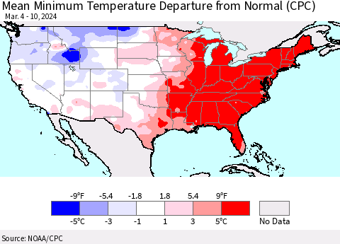 United States Mean Minimum Temperature Departure from Normal (CPC) Thematic Map For 3/4/2024 - 3/10/2024