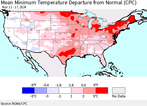United States Mean Minimum Temperature Departure from Normal (CPC) Thematic Map For 3/11/2024 - 3/17/2024