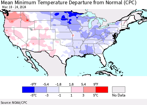 United States Mean Minimum Temperature Departure from Normal (CPC) Thematic Map For 3/18/2024 - 3/24/2024