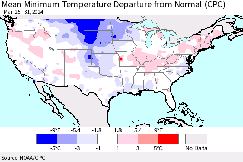 United States Mean Minimum Temperature Departure from Normal (CPC) Thematic Map For 3/25/2024 - 3/31/2024