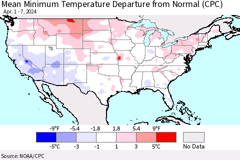 United States Mean Minimum Temperature Departure from Normal (CPC) Thematic Map For 4/1/2024 - 4/7/2024