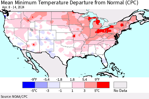United States Mean Minimum Temperature Departure from Normal (CPC) Thematic Map For 4/8/2024 - 4/14/2024