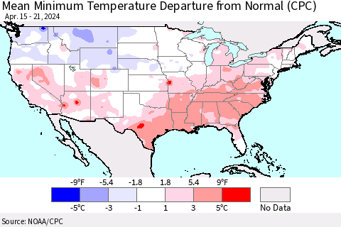 United States Mean Minimum Temperature Departure from Normal (CPC) Thematic Map For 4/15/2024 - 4/21/2024