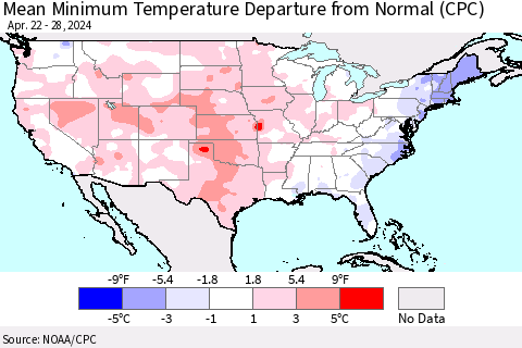 United States Mean Minimum Temperature Departure from Normal (CPC) Thematic Map For 4/22/2024 - 4/28/2024