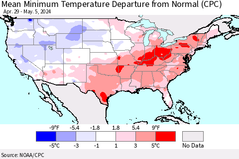 United States Mean Minimum Temperature Departure from Normal (CPC) Thematic Map For 4/29/2024 - 5/5/2024