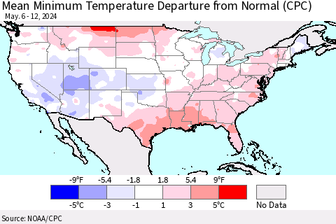 United States Mean Minimum Temperature Departure from Normal (CPC) Thematic Map For 5/6/2024 - 5/12/2024