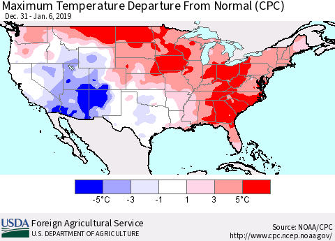 United States Mean Maximum Temperature Departure from Normal (CPC) Thematic Map For 12/31/2018 - 1/6/2019