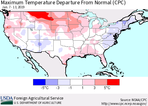 United States Mean Maximum Temperature Departure from Normal (CPC) Thematic Map For 1/7/2019 - 1/13/2019