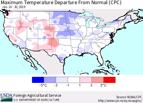 United States Mean Maximum Temperature Departure from Normal (CPC) Thematic Map For 1/14/2019 - 1/20/2019