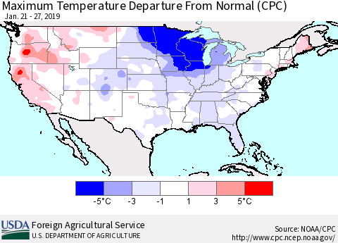 United States Mean Maximum Temperature Departure from Normal (CPC) Thematic Map For 1/21/2019 - 1/27/2019